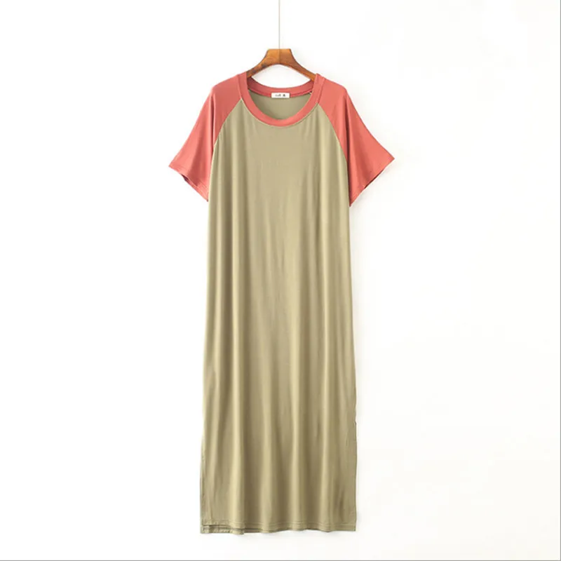 Free size women's nightgowns brief causal modal material round neck candy color patchwork calf-length softy sleep dress
