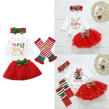 Милые рождественские комплекты для маленьких девочек, комбинезон Санты+ кружевная фатиновая мини-юбка+ повязка на голову+ гетры, 4 предмета, рождественские наряды для маленьких девочек 0-18 месяцев