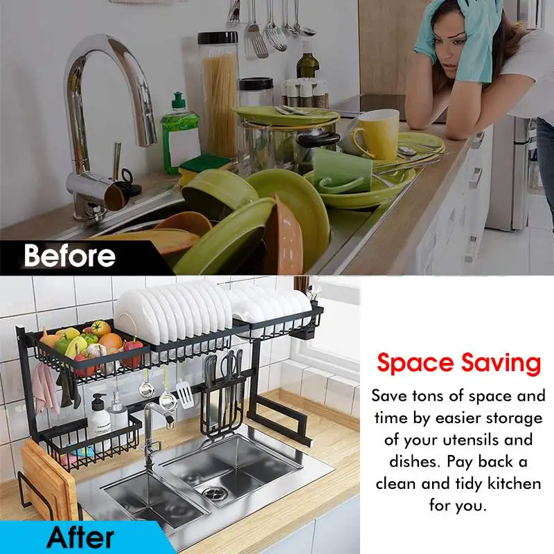 Stainless Steel Kitchen Shelf Organizer Dishes Drying Rack Over Sink Drain Rack Kitchen Storage Countertop Utensils Holder