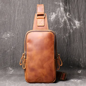 

New Men's Leather Skinny Chest Bag men Crazy Horse Leather Crossbody Bag Large Capacity Shoulder Leather Pouch bags