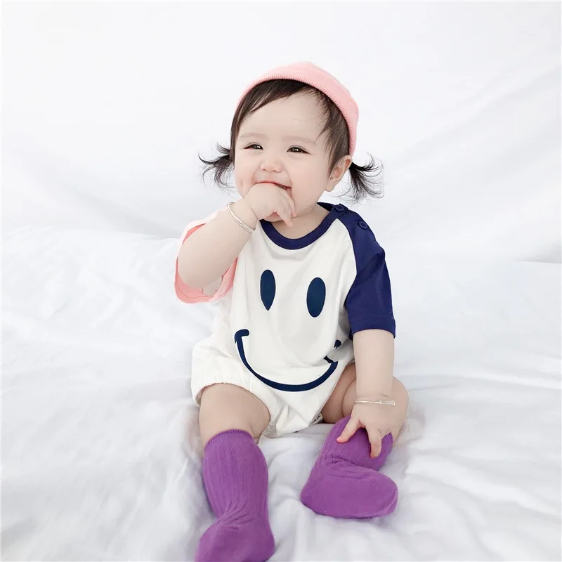 

VITO Baby Summer Newborn Baby Rompers Smiling Face Cartoon Jumpsuit Short sleeve Boys and Girls Cotton Rompers Outfits