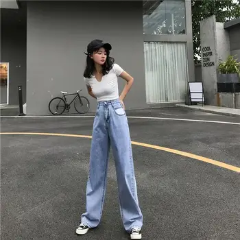 

2019 Women Vintage Blue Jeans Wide Leg Jeans Streetwear High Waisted Denim Pants Casual Long Trousers