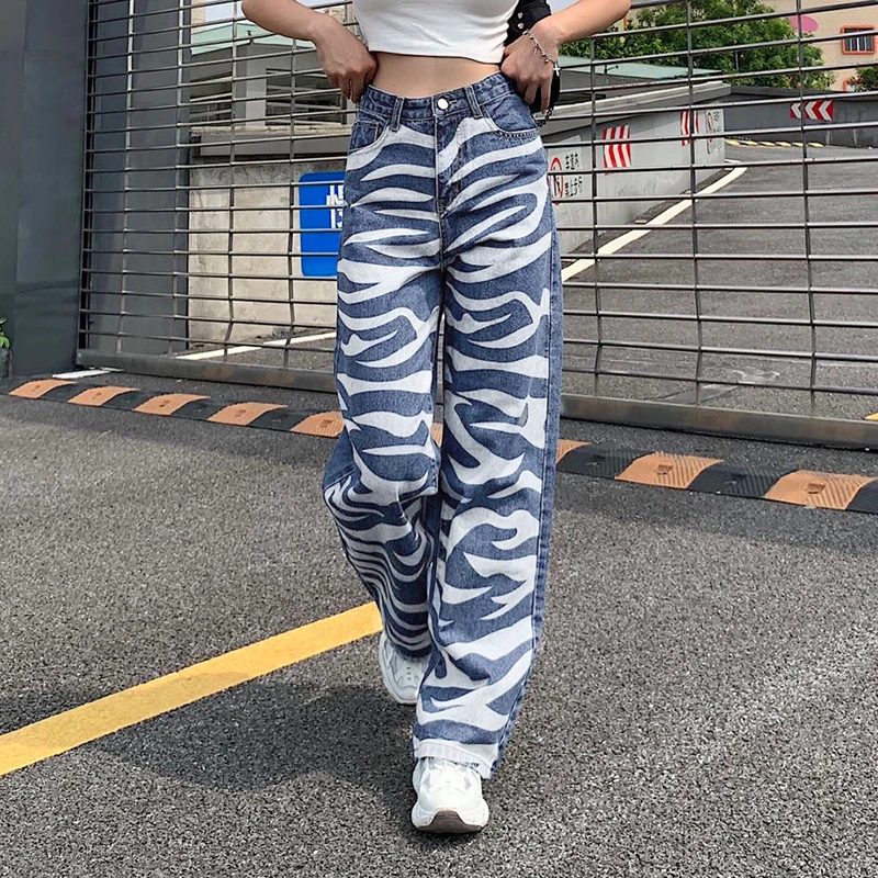 

Zebra Blue White Striped High Waisted Female Baggy Woman Jeans 2020 Vintage Long Straight Trousers Denim Pants Femme Streetwear
