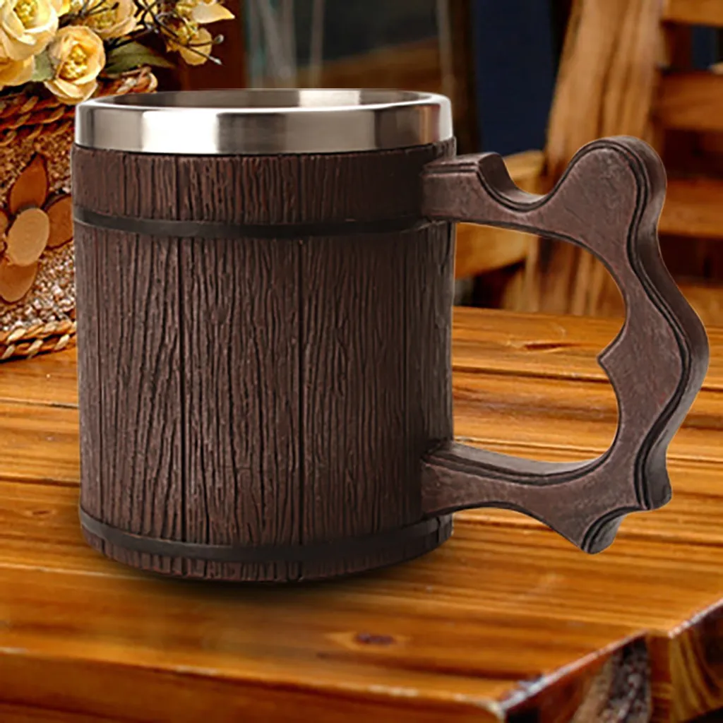 

Wood Carving Beer Mug Medieval Europe Natural Beer Cup Old Wood Carving Beer Mug Barrel Cup Stainless Steel inner Retro Beer Mug