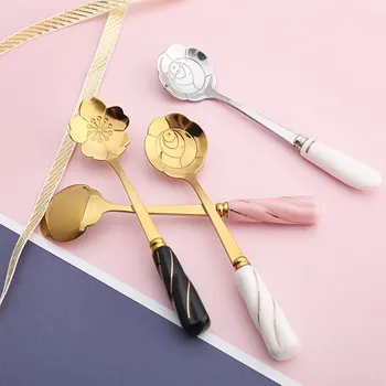 

Coffee Stirring Spoon Tableware Ceramic Handle Flower Scoop Stainless Steel Gold Rose Spoons Gold-Plated hot Flower Coffee Spoon