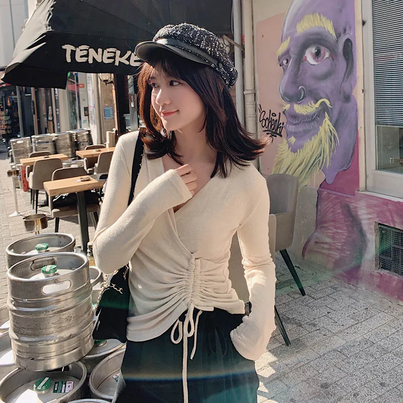 MISHOW корейский стиль винтажный вязаный свитер с длинным рукавом и v-образным вырезом уличная тонкая женская рубашка MX19C5435 - Цвет: apricot