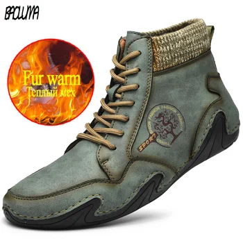 

New Winter Men's Boots Warm Thick Plush Men's Snow Boots Outdoor Waterproof Men Western Ankle Boots Suede Men Motorcycle Boots