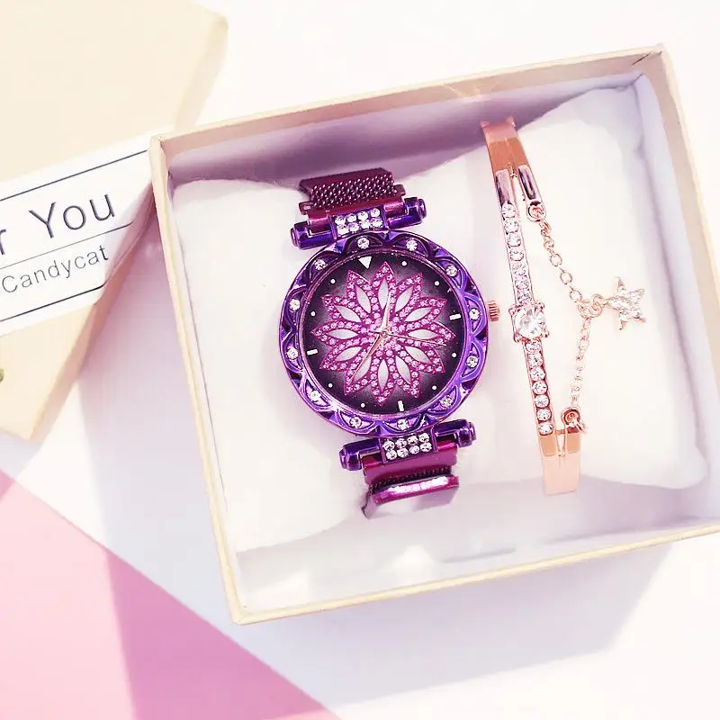 

2020 Women Starry Sky Watch Fashion Rhinstone Diamond Mesh Band Quartz Watches With Bracelet Set Relogio Feminino Reloj Mujer
