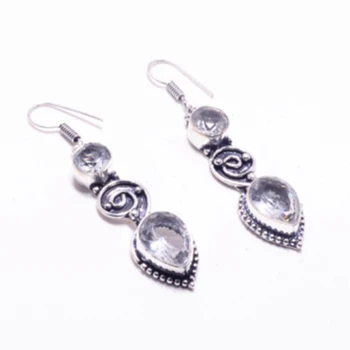 

White Topaz Silver Overlay on Copper Earrings, Hand made Women Jewelry Gift , E5520