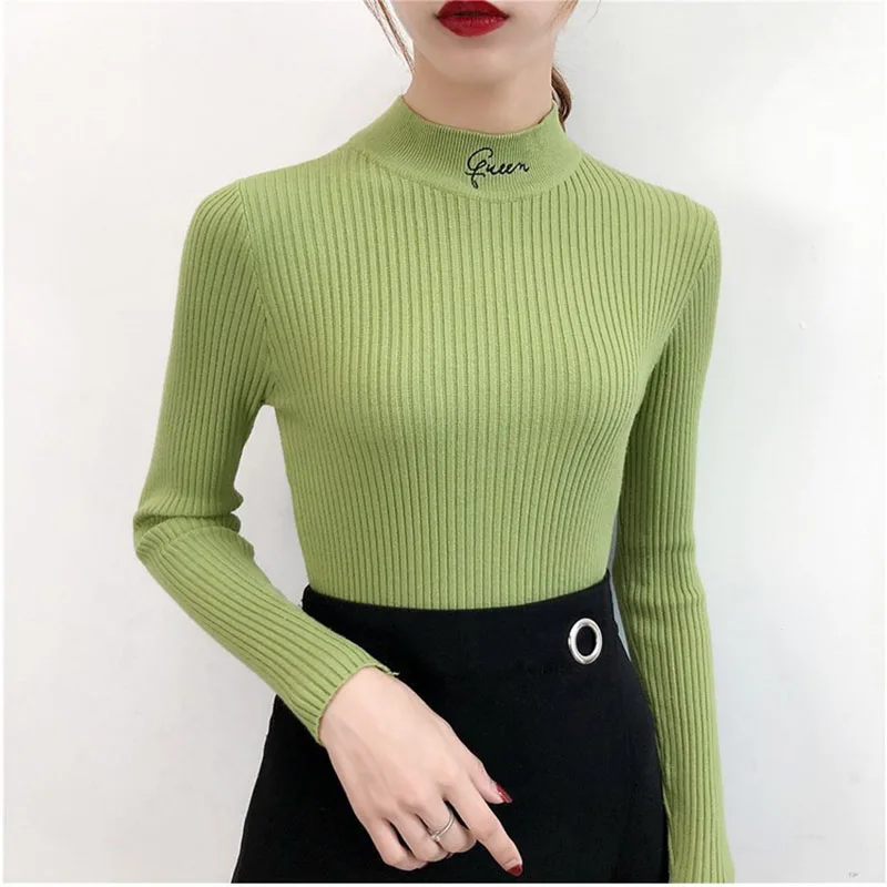 Women Winter Autumn 2019 Knitted Sweaters Letter Turtleneck Long Sleeve Slim Ladies Tops Pullovers Knitwear Pull Femme jumper | Женская