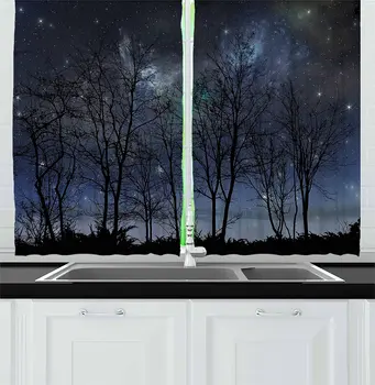 

Night Sky Kitchen Curtains Deep Spooky Forest Branches Cosmos Galaxy Stars Clusters Astronomy View Window Curtain for Kitchen