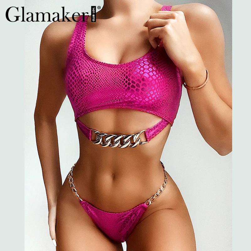 

Glamaker Rose red snake print bikini Women chain sexy beach crop swimwear bathing suit Silver sleeveless brazilian swimsuit