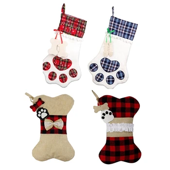 

Promotion! 4-Piece Set of Christmas Decorations, Christmas Socks, Gift Bags, Dog Christmas Socks, Lattice Cloth Bone Socks
