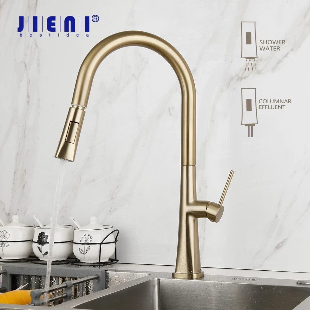 JIENI Brushed Gold Kitchen Faucet Swivel & Pull Out Rotated Sink Mixer Tap Deck Mounted 2 Modes Spray Solid Brass | Обустройство