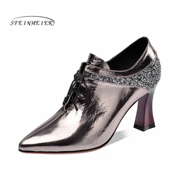 

Women summer high heels fashion genuine leather pumps spring thick heels shoes square toe laces heel woman shoes 2020