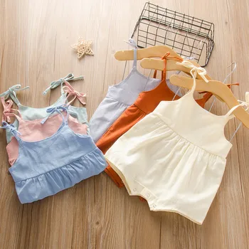 

2020 Baby Summer Clothing Newborn Baby Girl Cute Clothes Srap Romper Cotton Linen Solid Jumpsuit Bowknot Soft Baby Girl Outfits
