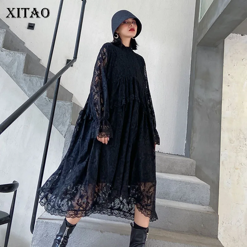 Женское кружевное плиссированное платье XITAO черное ажурное тонкое Повседневное