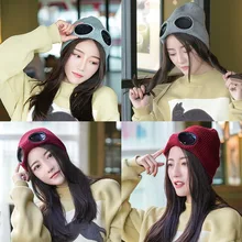 Unisex Wool Knitted Goggles Beanie, Leisure Thermal Fluffy Warm Autumn Winter Hat Sports Cap Heat Keeper Ear Snow Cold Protector