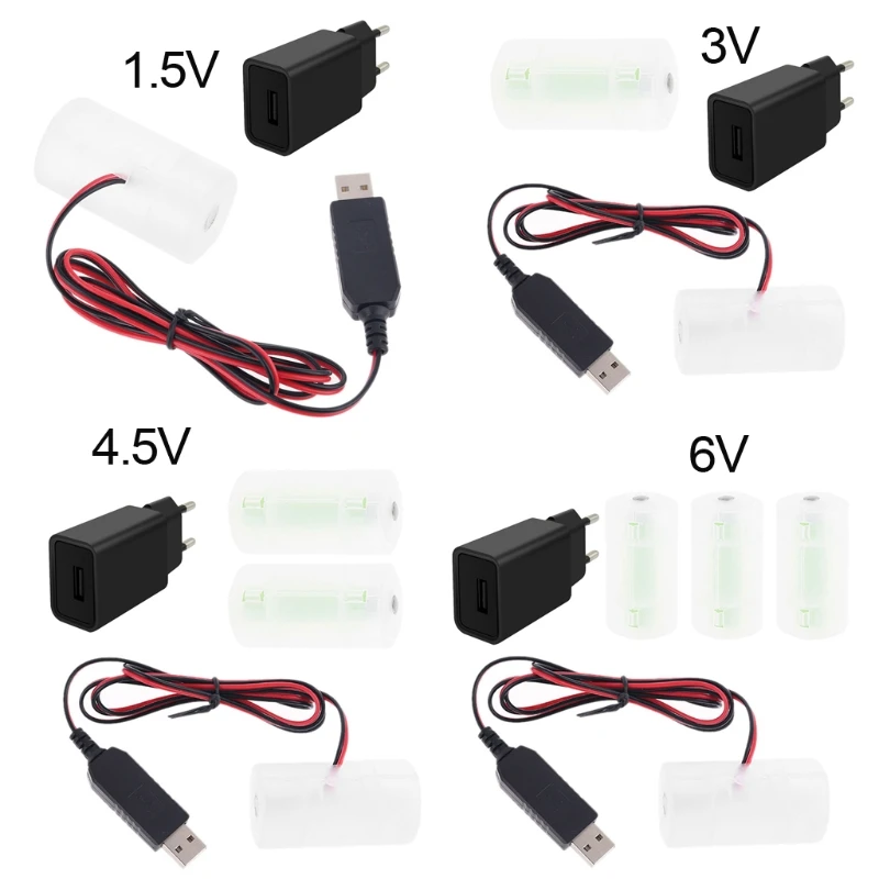Adaptador de fuente de alimentación de batería USB enchufe de la UE, puede reemplazar de 1 a 4 Uds. 1,5 V 3V 4,5 V 6V tamaño D LR20 Eliminador de batería Cable de 1m para reloj