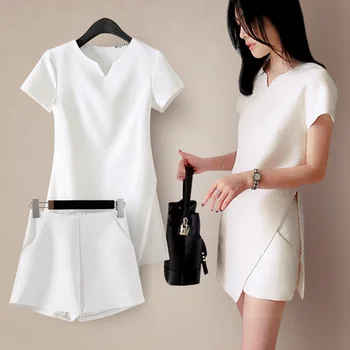 

Spring 2020 Ladies Fashion Suit Solid Color Simple Shirt with Short Skirt Pants Summer T-shirt Shorts Two-piece
