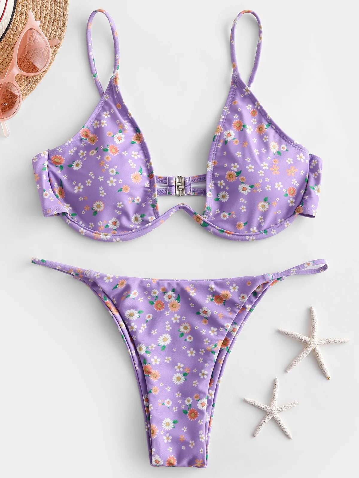 

ZAFUL Women Floral Underwire High Cut Bikini Swimwear V Wired High Leg Two Pieces Swimsuit Padded Ladies Bikini Sets Sexy