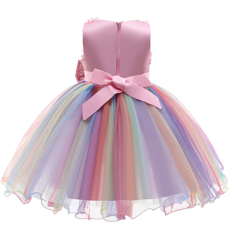 High Quality Summer Girls Dress Rainbow Mesh Bow Birthday Party Dance Costume Little Princess Dress Kids Clothes 1-10 Years Old