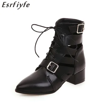 

ESRFIYFE 2020 New Ankle Boots Fashion Thick Heels Pointed Toe Shoes Woman Soft Leather Summer Cool Boots Femme Lace-up Shoes