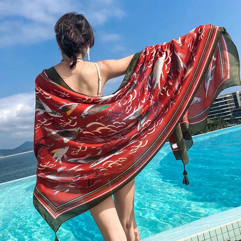 New scarf ladies summer national wind shawl scarf dual-use beach towel large sunscreen red exotic boho