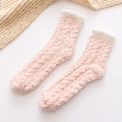Light pink Jerrinut женские зимние теплые шерстяные носки милые коралловые бархатные пушистые носки Kawaii повседневные одноцветные домашние носки-тапочки 1 пара - Цвет: Light pink