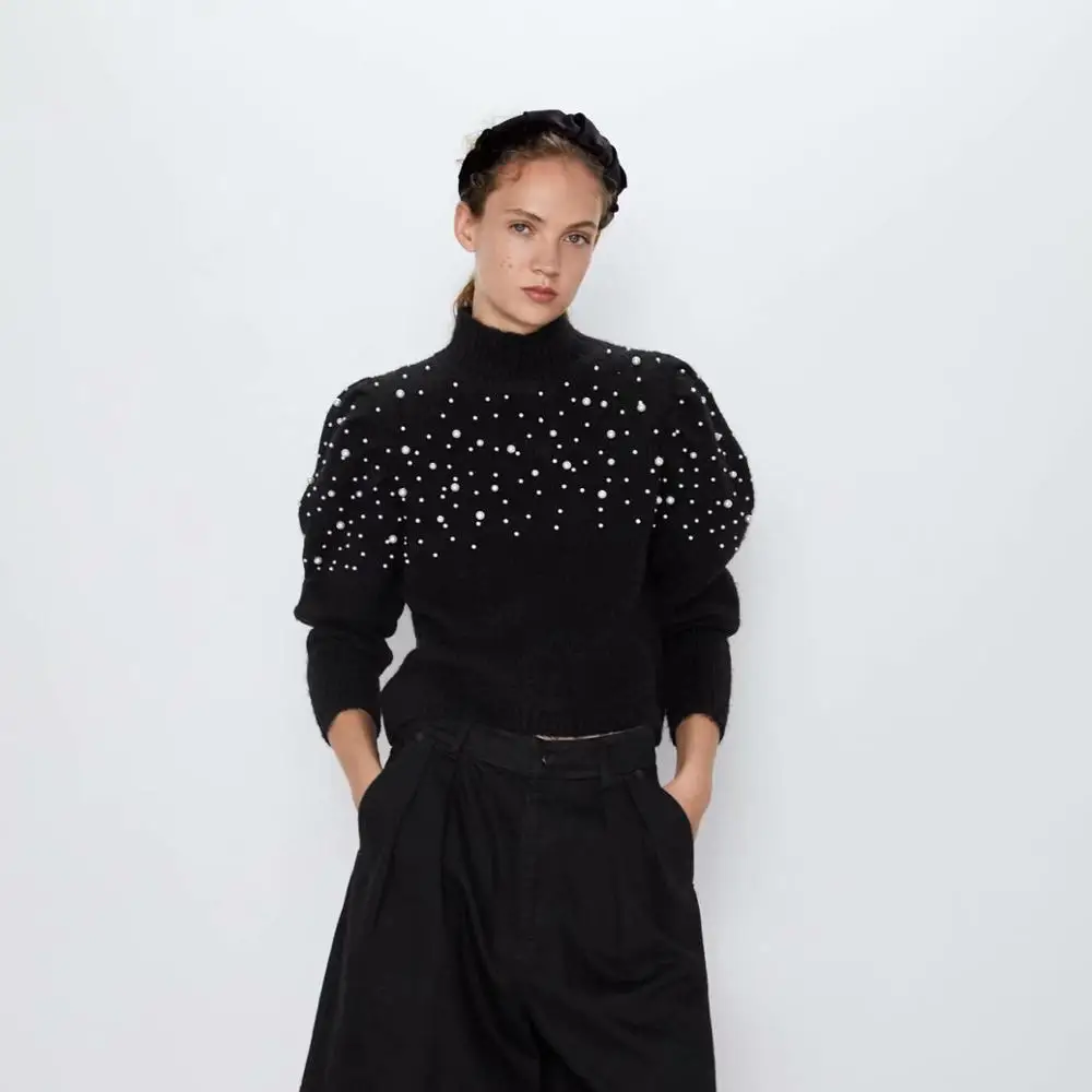 Za 2019 Autumn Winter Clothes Women Sweater Black Long Sleeve Sweaters Pullover Fashion Simulated Pearl Decorated Tops | Женская одежда