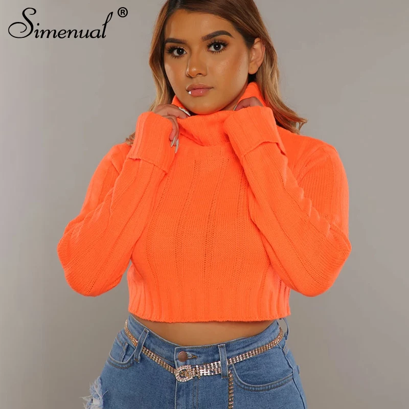 

Simenual Neon Twist Knitted Women Sweaters Long Sleeve Autumn Winter Turtleneck Pullovers Fashion Solid Basic Cropped Jumper New