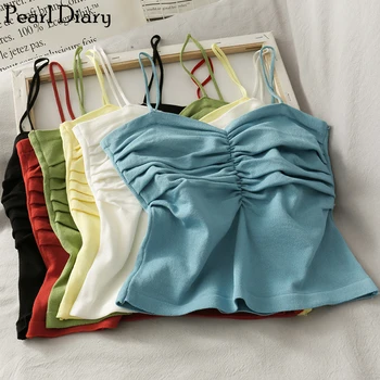 

Pearl Diary Women Knitted Cami Crop Top Ruched Front Bust Knitted Top Summer Candy Color Spaghetti Straps Slim Fitted Crop Top