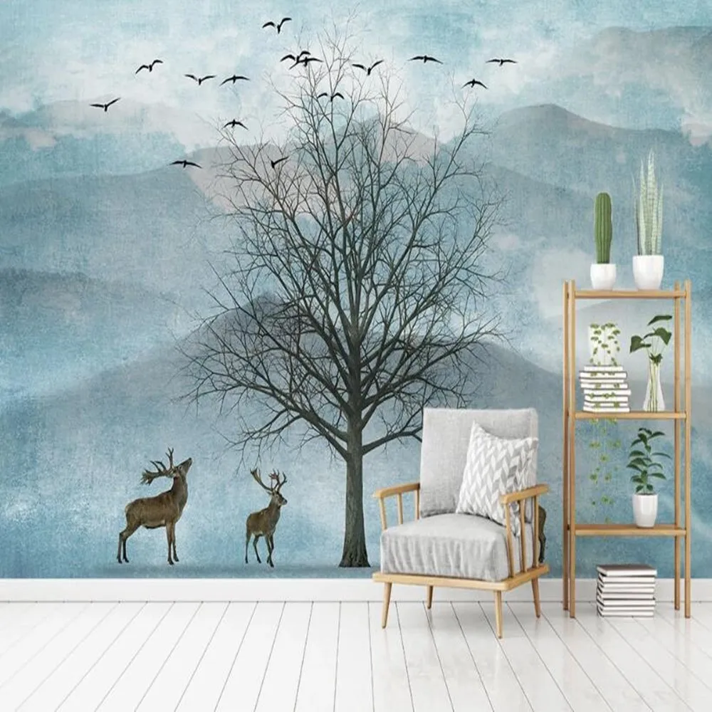 Пользовательские 3D скандинавские большие деревья горы облака Лось птица ТВ