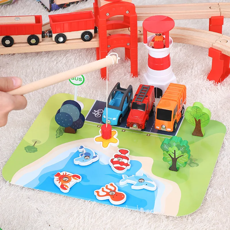 US $128.98 Coastal Town Wooden Train Track Toy Set Wooden Railway Toys Magical Magnetic Railway Bridge Accessories Toys For Children