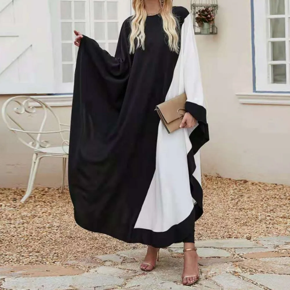 Muslim Large Size Dress Female Bat Sleeve Robe Black And White Loose Dress African Clothing African New Fashion Casual Dress