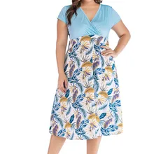 Платье большого размера в европейском и американском стиле летнее Новое Стильное однотонное платье с коротким рукавом и цветочным принтом 8500