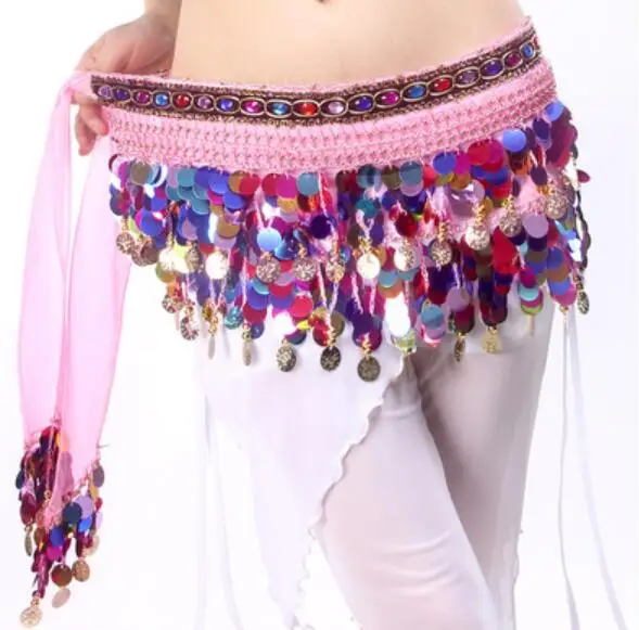 Pink Colorful Женский треугольный танец живота танцевальный набедренный шарф золотые монеты алмазные женские пляжные юбки белый - Цвет: Pink Colorful