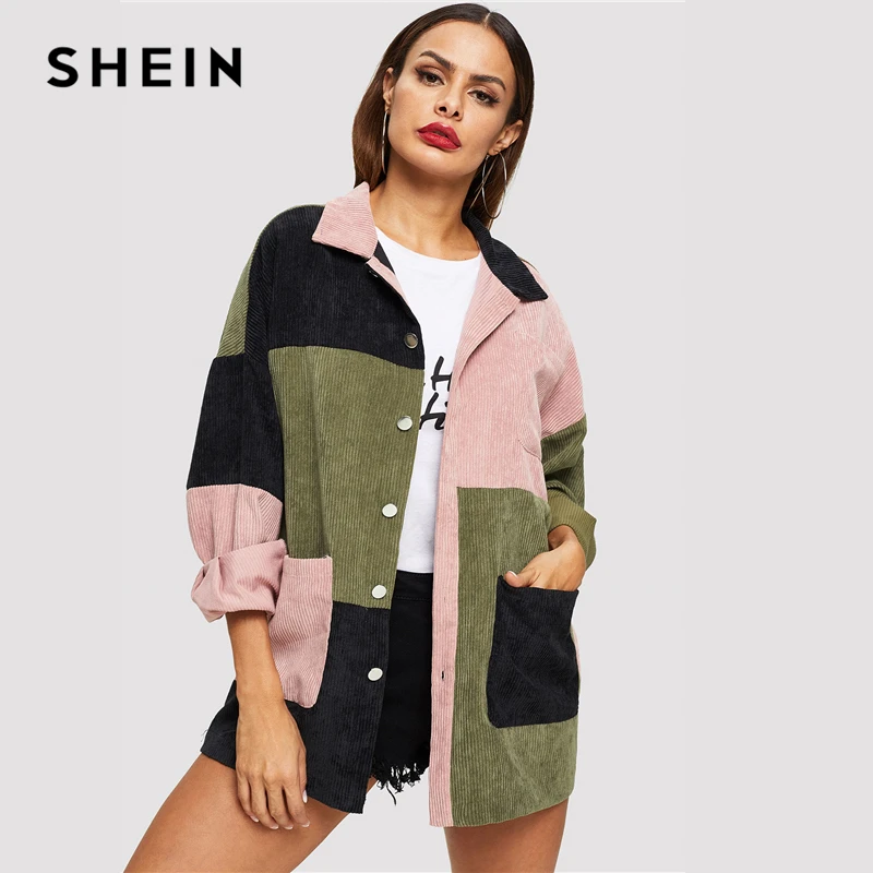 Best SHEIN Casual Multicolor Cut and Sew Pocket Front Corduroy Single Breasted Coat Autumn Modern Lady W