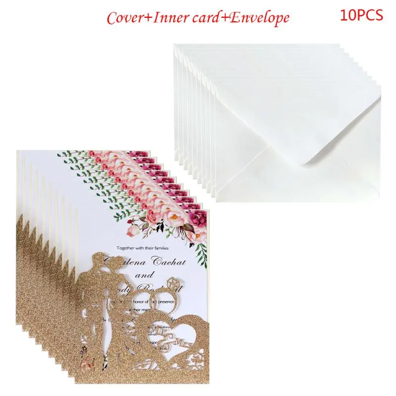 New 10pcs/set Glitter Laser Cut Ring Wedding Invitations Card Wedding Party Supplies - Color: Gold