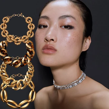 

ZA Geometric Sparking Necklace Women Crystal Circles Chokers Boho Ethnic Gold Color Maxi Chain Statement Necklace Party Jewelry