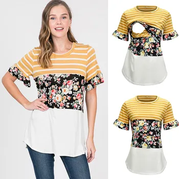 

Nursing Shirt Women Pregnant Half Sleeve Stripe Print Floral Blouse Tops Zwangerschaps Kleding Casual Mothers Clothing Plus Size