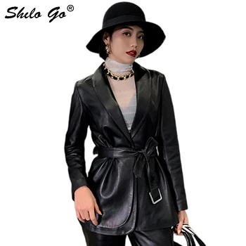 

Leather Blazer Elegant Notched Neck Single Button Detail Buckle Belted Sheepskin Coat Women Spring Office Lady Solid Outwear