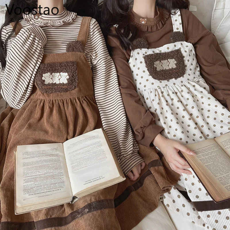 Autumn Winter Girls Vintage Sweet Lolita Jsk Dress Women Cute Bear Embroidery Plush Pocket Loose Corduroy Party Strap Dresses Lolita Dress Lolita Suspender Dress Suspender Dress