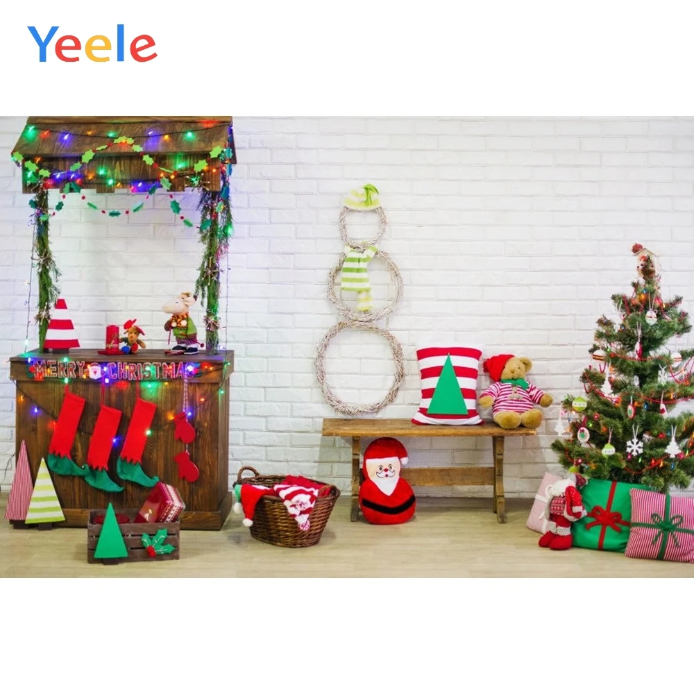

Yeele Christmas Background Cart Tree Toy Doll Gift White Brick Wall Vinyl Baby Portrait Photography Backdrop For Photo Studio