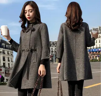

Women's Loose Cape Lattice Woolen Coat 2019 Winter Female Fashion Breasted Pocket Wool Blends Jacket Long Coat Female S-4XL