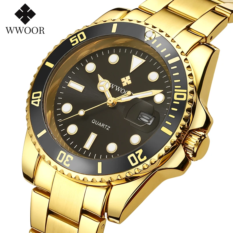 WWOOR Men Watches 2023 Luxury Analog Quartz Watch For Men Gold Black Sport Dive Watch Waterproof Stainless Steel Auto Date Watch