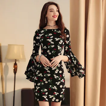 

Ladies Dresses New Arrival 2020 Flared Sleeves Retro Floral Dress Hepburn Black Dress Summer Women Dresses Evenning Party