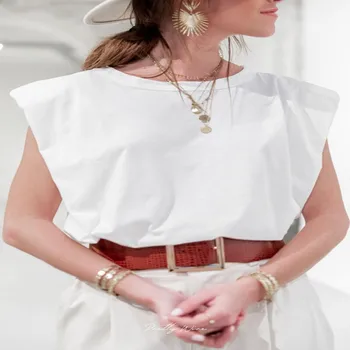 

Temperament Shoulder Padded Korean Women T-Shirt Sleeveless Office Female T Shirt 2020 Summer Casual Loose Ladies Top Tees