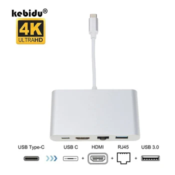

kebidu New 4 in 1 USB-C Hub Adapter USB 3.1 Type C to HDMI 4K RJ45 Port USB 3.0 USB 3.1 Converter for Macbook HDTV For Huawei
