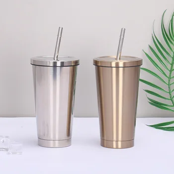 

BearCavalier 500ml Coffee Mugs Metal Straw Reusable 304 Stainless Steel Drinking Cups Portable Travel Water Cups